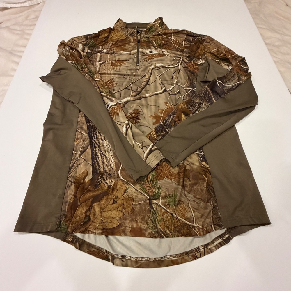 Realtree AP Camo Quarter Zip Pullover Shirt Mens Large Brown Hunting Performance